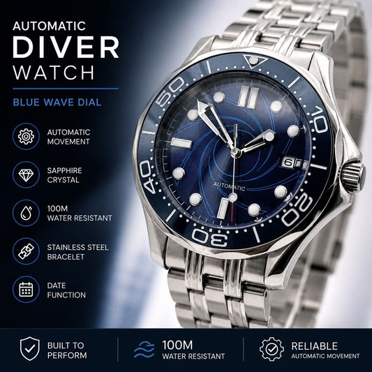 Blue Automatic Divers Watch Miyota Movement Sapphire 100M Steel Ceramic UK Sell1