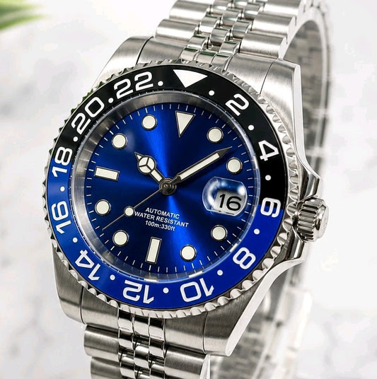 Cobalt Blue Automatic Sunburst Divers Watch Black Blue Sapphire Ceramic Steel UK1