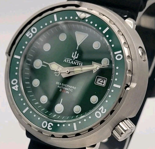Atlantis Sea Shepherd Tuna Can Automatic Diver Watch 300m Green Dial NH35 Movt1