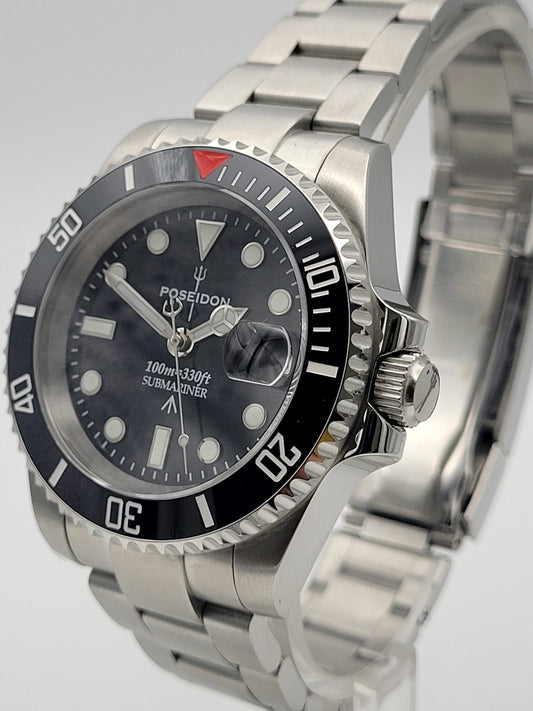 Poseidon Automatic Dive Watch Steel Bracelet Black Dial Date 100m Classic Style1