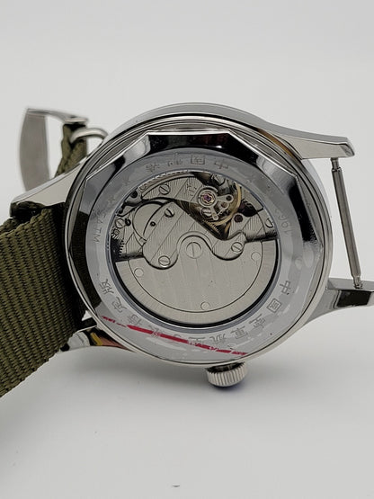 Mens 1963 Automatic Pilot Watch Power Reserve Date Sapphire Military Strap 50m12