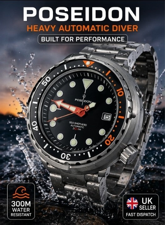 POSEIDON Automatic Black 'Tuna' Heavy Divers Watch 30ATM (SEIKO TMI) NH350