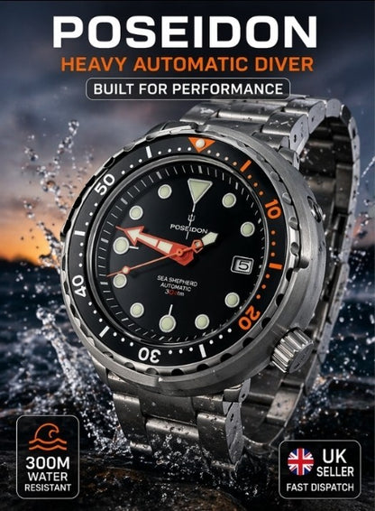 POSEIDON Automatic Black 'Tuna' Heavy Divers Watch 30ATM (SEIKO TMI) NH350