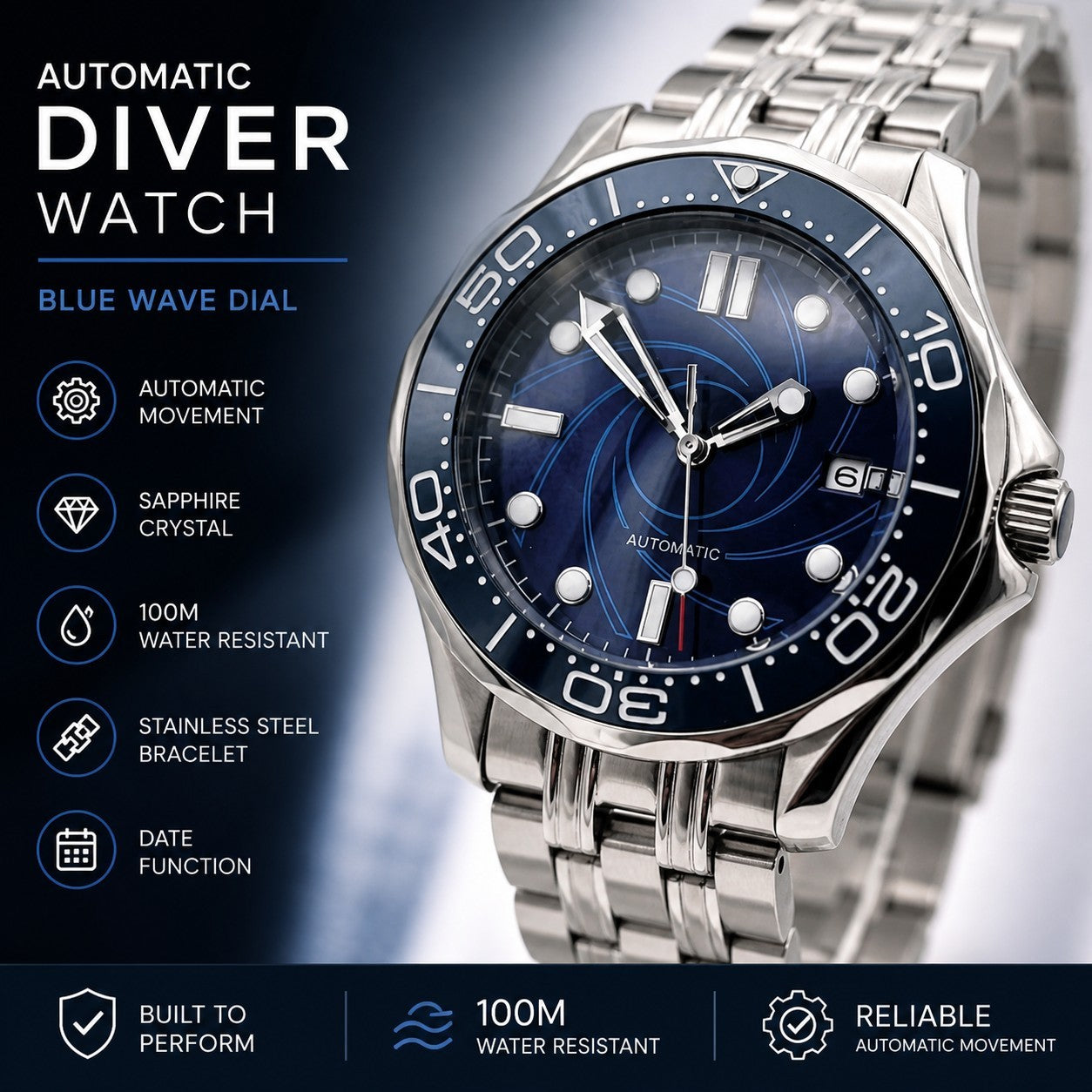 Blue Automatic Divers Watch Miyota Movement Sapphire 100M Steel Ceramic UK Sell1