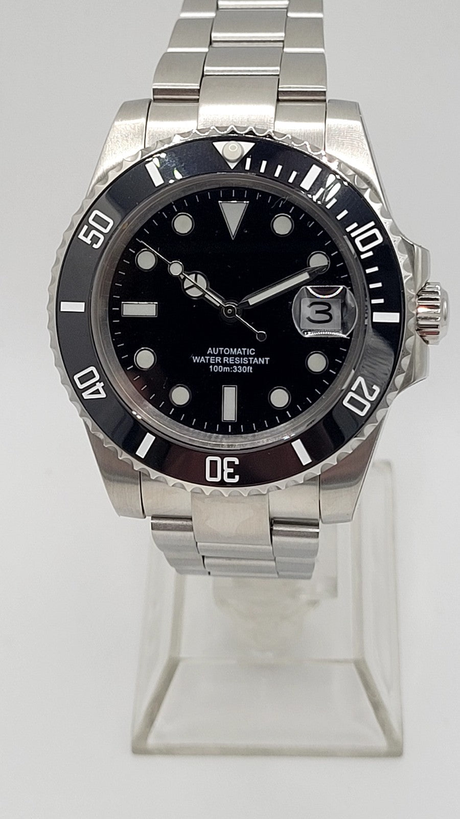 Automatic Mens Watch Black Dial Steel Bracelet Luminous Date 100m Diver8