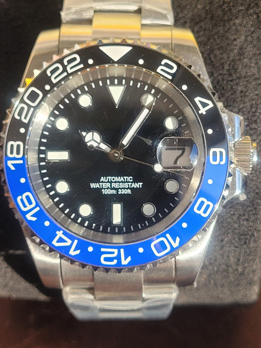 Mens 40mm Custom Black Blue  Watch Seiko TMI NH35 Automatic Divers 100m BATMAN1