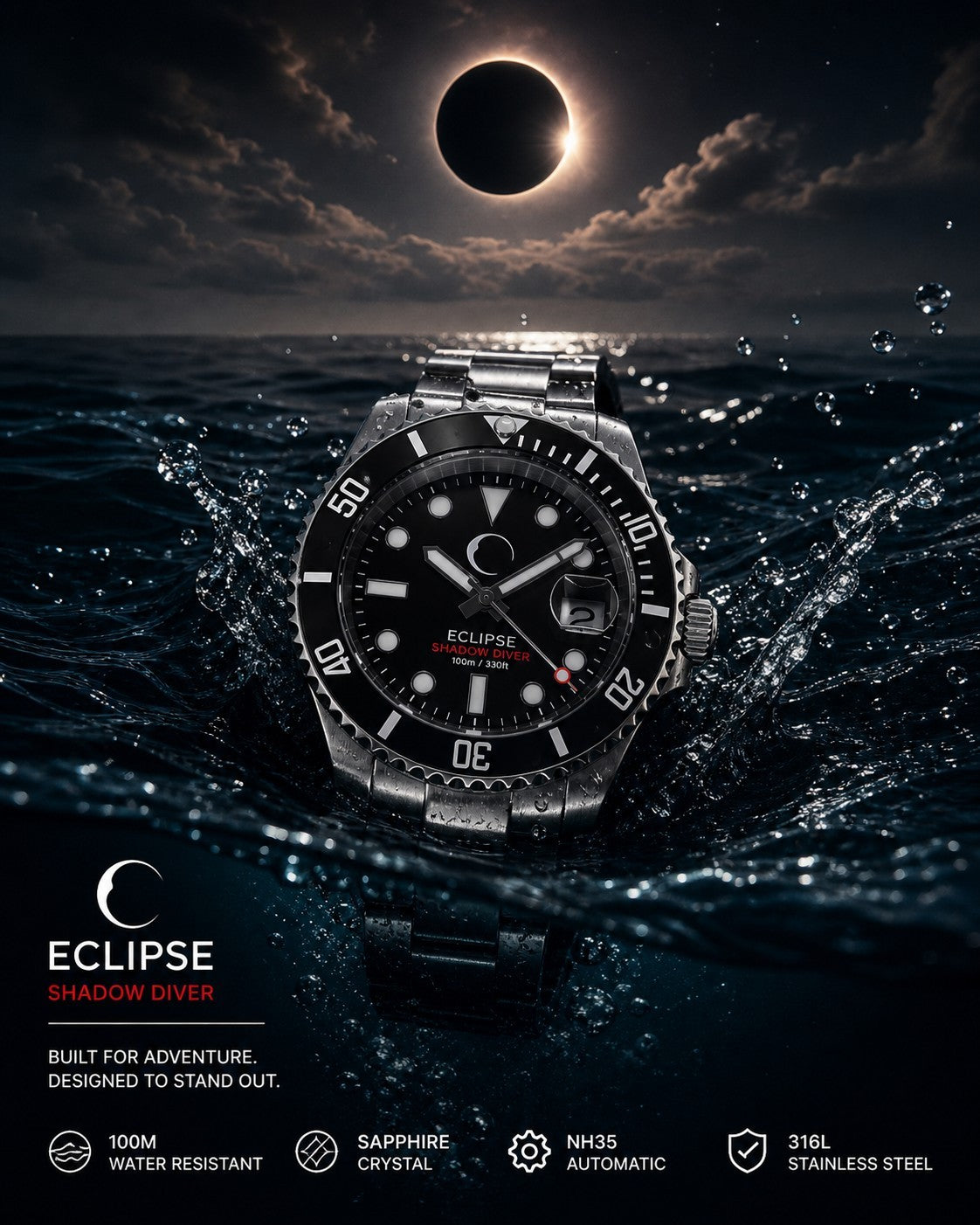 Eclipse Shadow Diver Automatic Watch NH35 Sapphire 100m Stainless Steel2