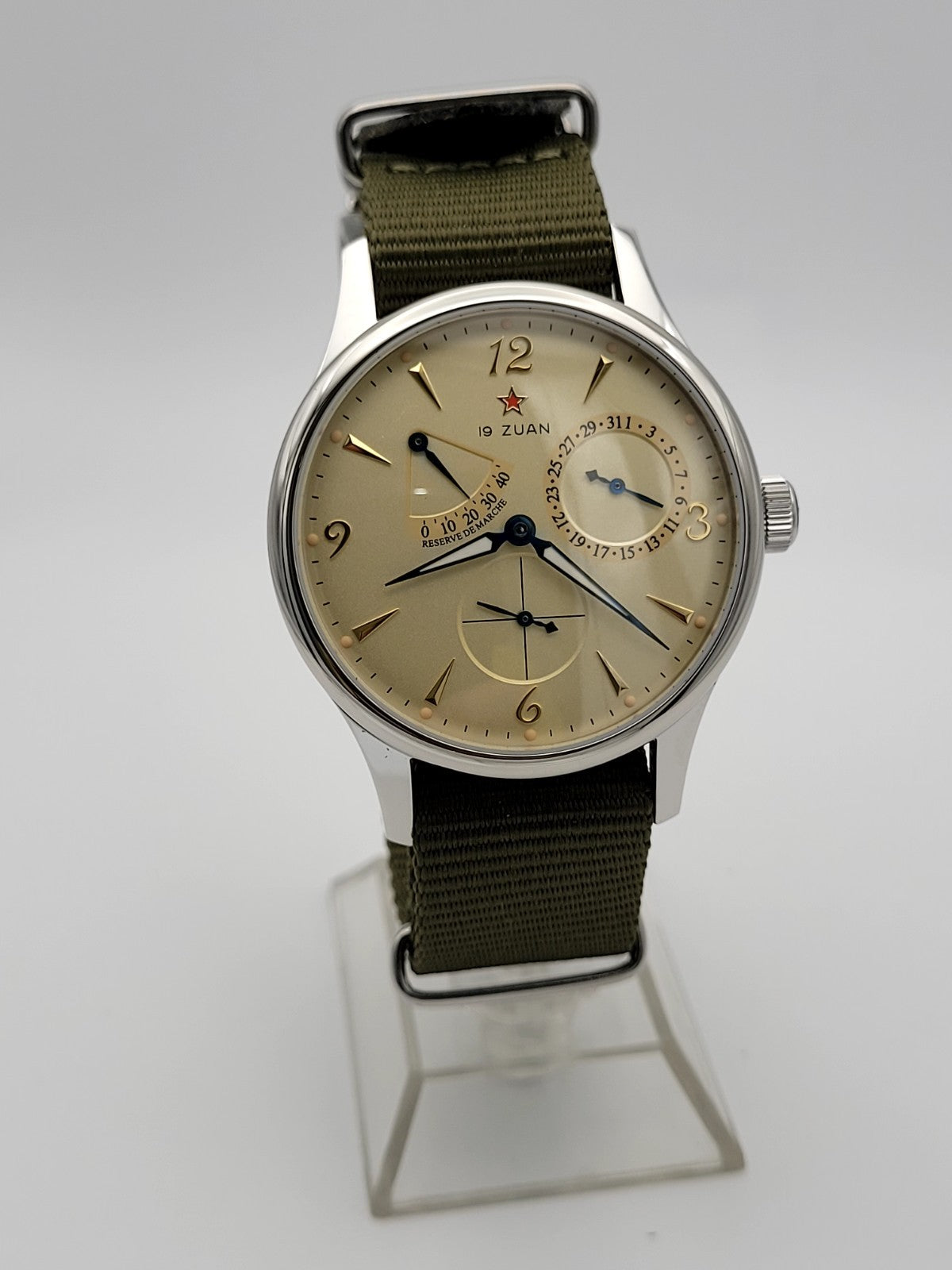 Mens 1963 Automatic Pilot Watch Power Reserve Date Sapphire Military Strap 50m7
