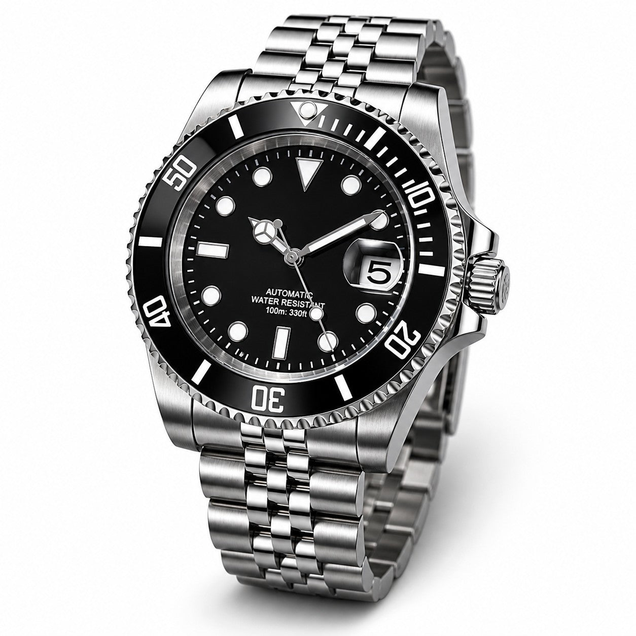 Automatic Diver Watch Black Dial Date Steel Bracelet 100m Classic Style0