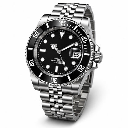 Automatic Diver Watch Black Dial Date Steel Bracelet 100m Classic Style0