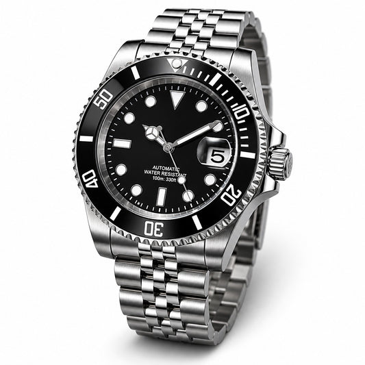Automatic Diver Watch Black Dial Date Steel Bracelet 100m Classic Style0