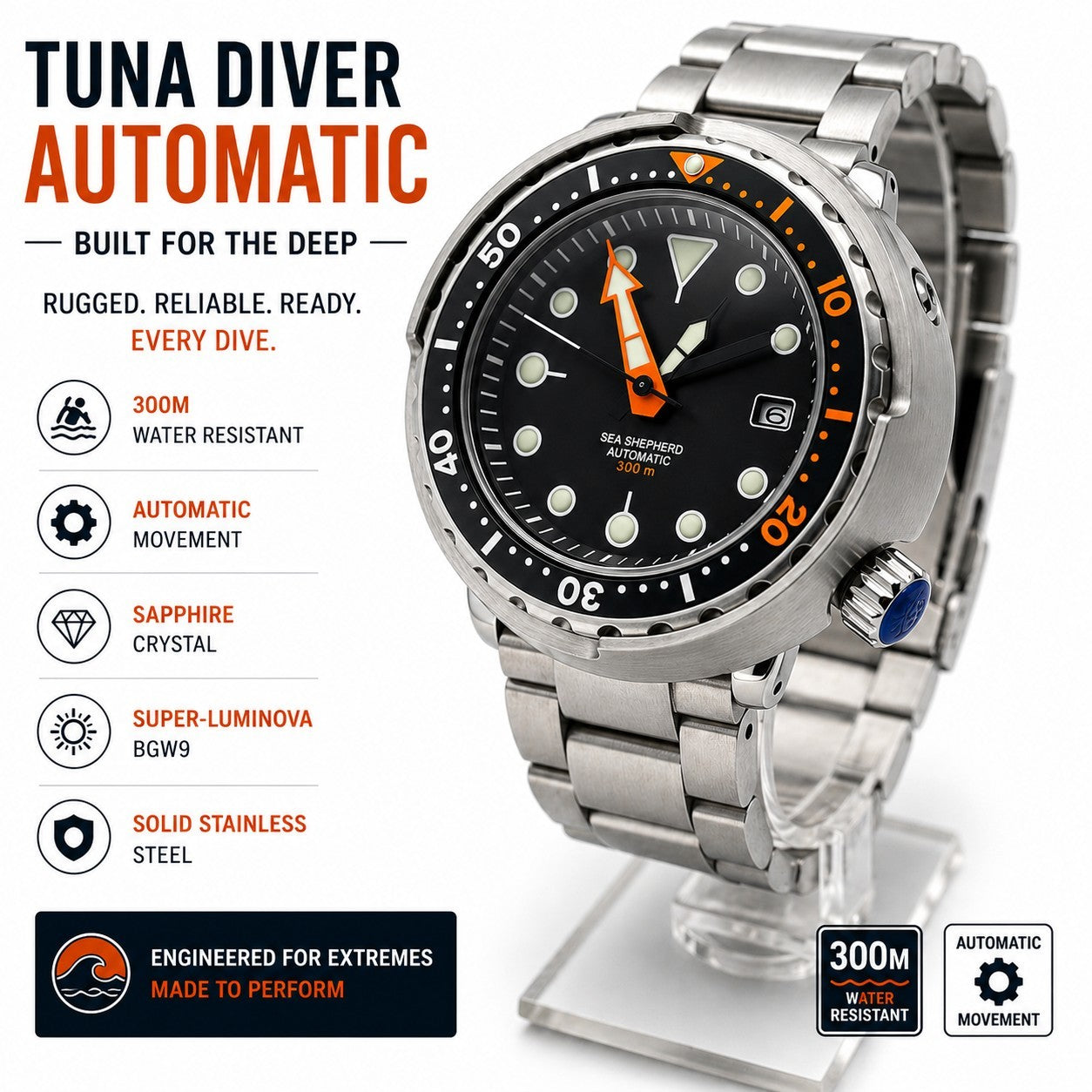 Heavy Automatic Tuna Black Divers Watch 30atm WR Seiko TMI Nh35 Movement 250g.0