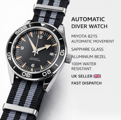 Classic Black Diver Watch Automatic Movement Ceramic Bezel Sapphire Crystal 100m2