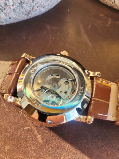 Mens Luxury Automatic Watch Rose Gold Date Window Back Brown Leather Strap 3ATM8
