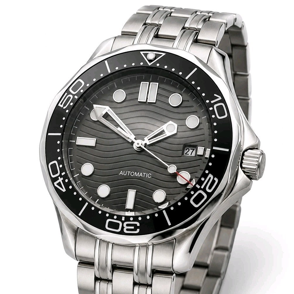 Men’s Automatic Dive Watch Wave Dial Black Ceramic Bezel Sapphire Steel 100M0