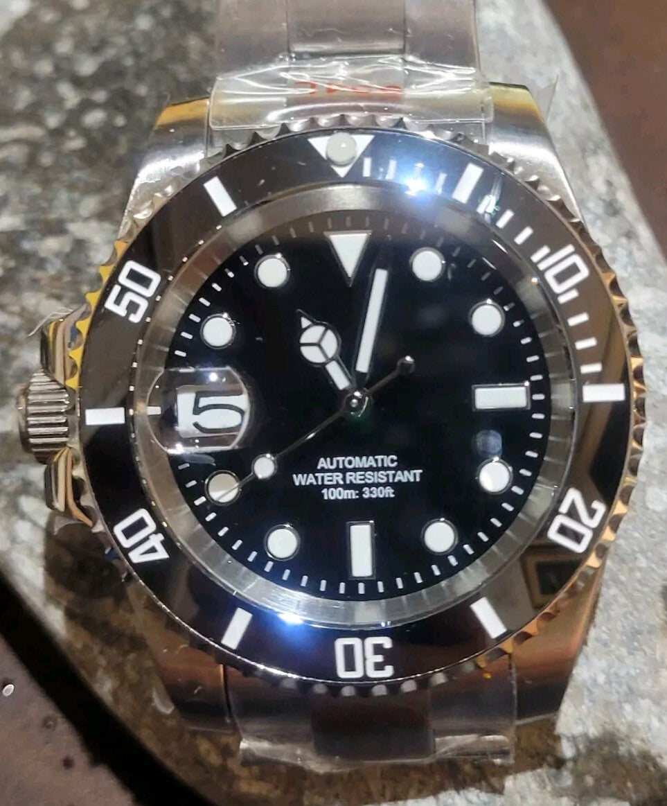 New LEFT Handed Automatic Movement Divers Watch Black NH35 Seiko TMI 10atm WR2