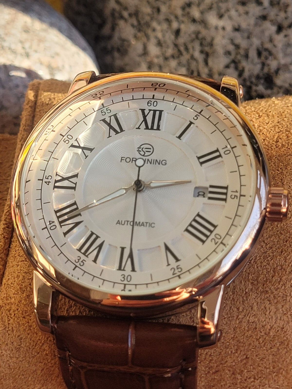 Mens Luxury Automatic Watch Rose Gold Date Window Back Brown Leather Strap 3ATM0