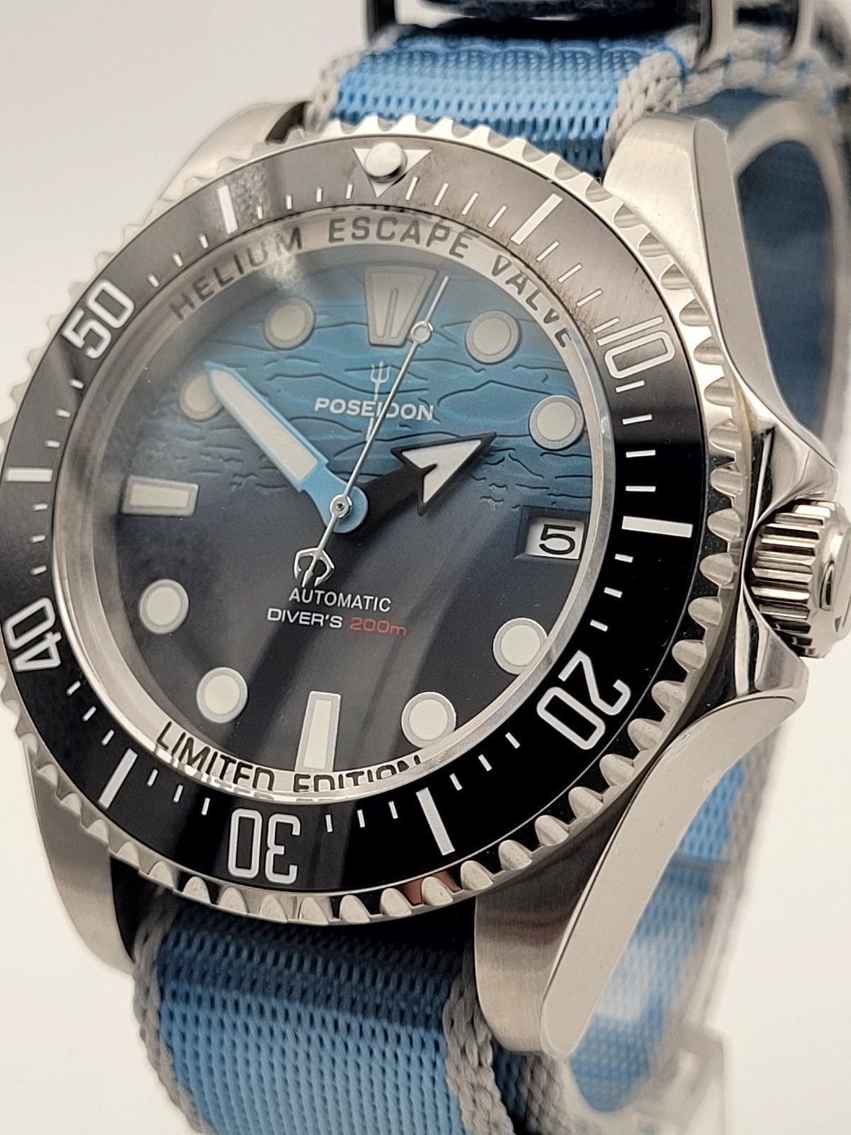 Automatic Diver Watch 200m Poseidon Sapphire Blue Dial Steel Military Strap UK7