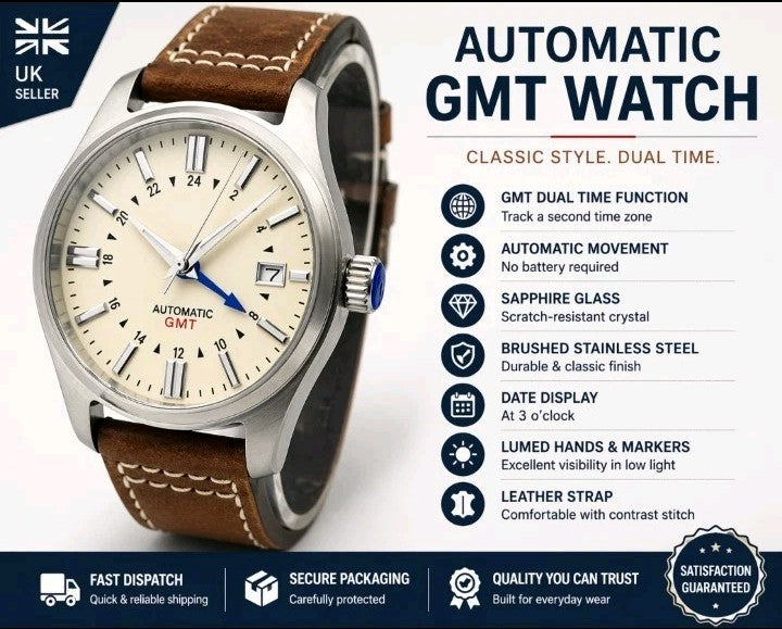 NH34 Automatic GMT Watch Cream Dial Explorer Style Sapphire Leather UK Seller0