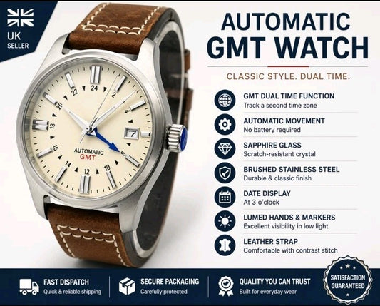 NH34 Automatic GMT Watch Cream Dial Explorer Style Sapphire Leather UK Seller0
