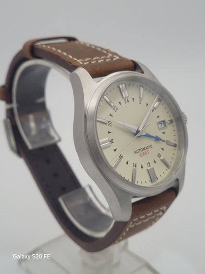 Automatic GMT Dual Time Watch Sapphire Steel Case Leather Strap Date 200m6