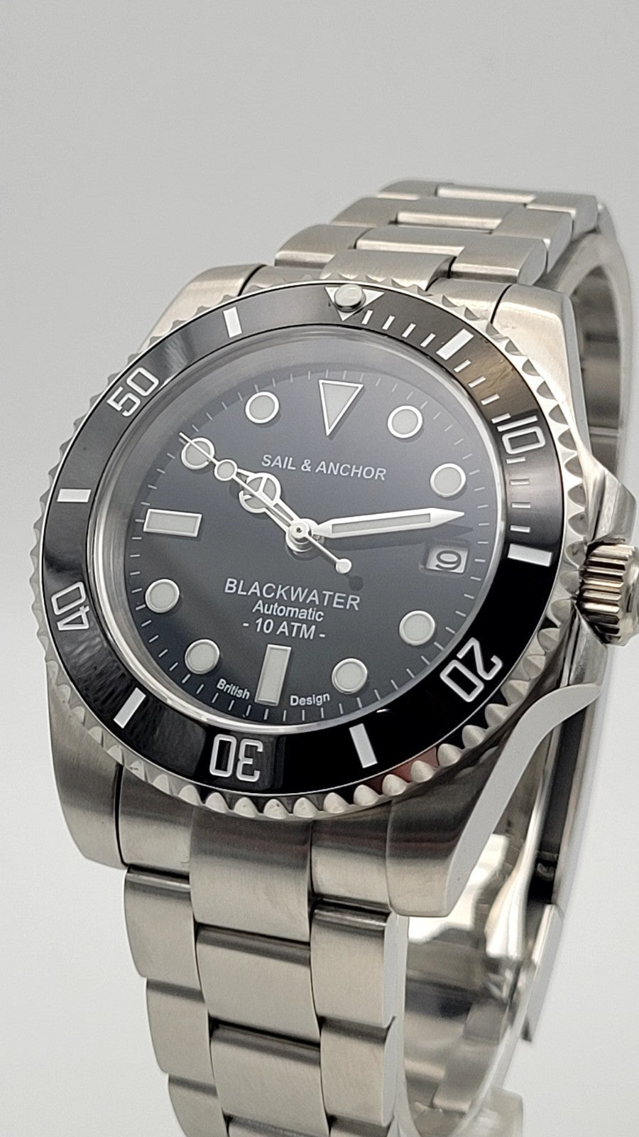 Automatic Dive Watch Steel Bracelet Black Dial 100M Date Sapphire Sail & Anchor15