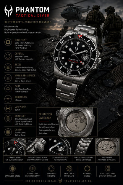 Phantom Stealth Diver Automatic NH35 Sapphire Ceramic Black Dive Watch 100m3