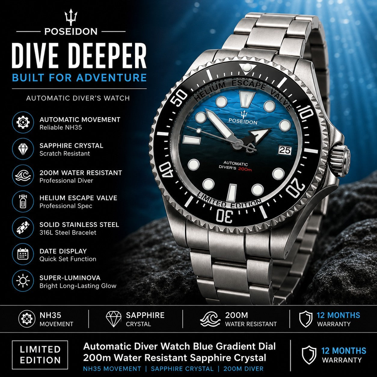 Blue Automatic Diver Divers Watch Gradient Dial NH35 Sapphire Ceramic 200m Date1