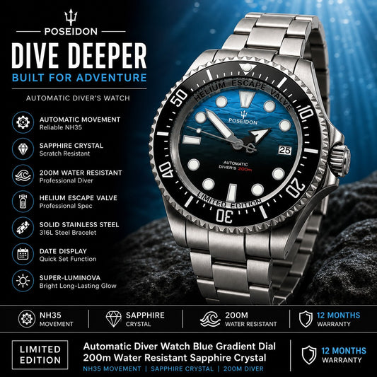 Blue Automatic Diver Divers Watch Gradient Dial NH35 Sapphire Ceramic 200m Date1