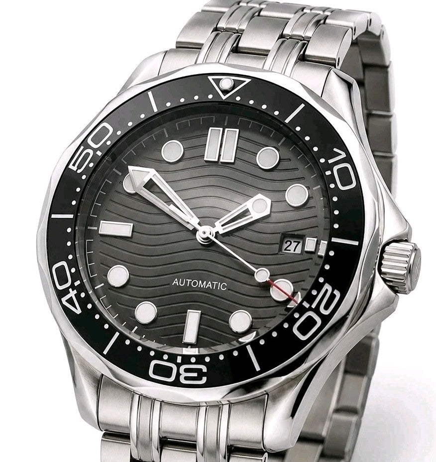 Black Automatic Dive Watch Wave Dial  Ceramic Bezel Sapphire Steel 100M UK0