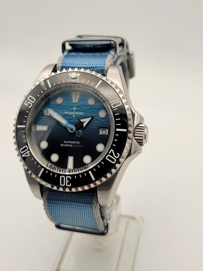 Automatic Diver Watch 200m Poseidon Sapphire Blue Dial Steel Military Strap UK3