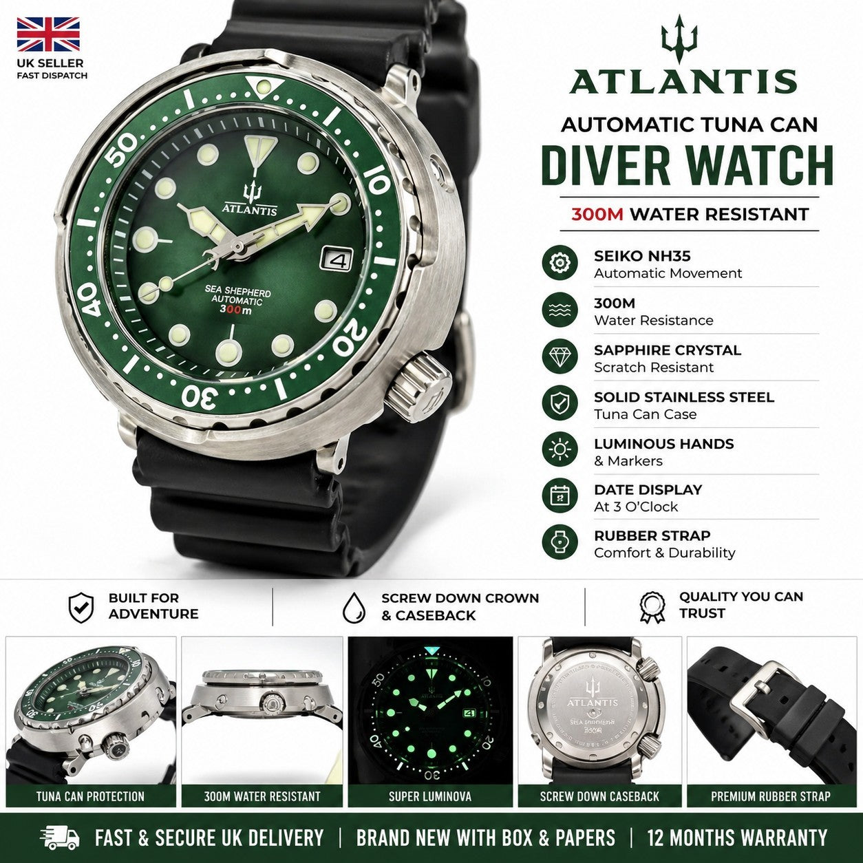 Automatic Diver Watch NH35 300m Green Dial Tuna Style Sapphire UK Seller1
