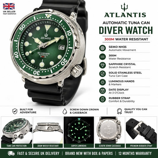 Automatic Diver Watch NH35 300m Green Dial Tuna Style Sapphire UK Seller1
