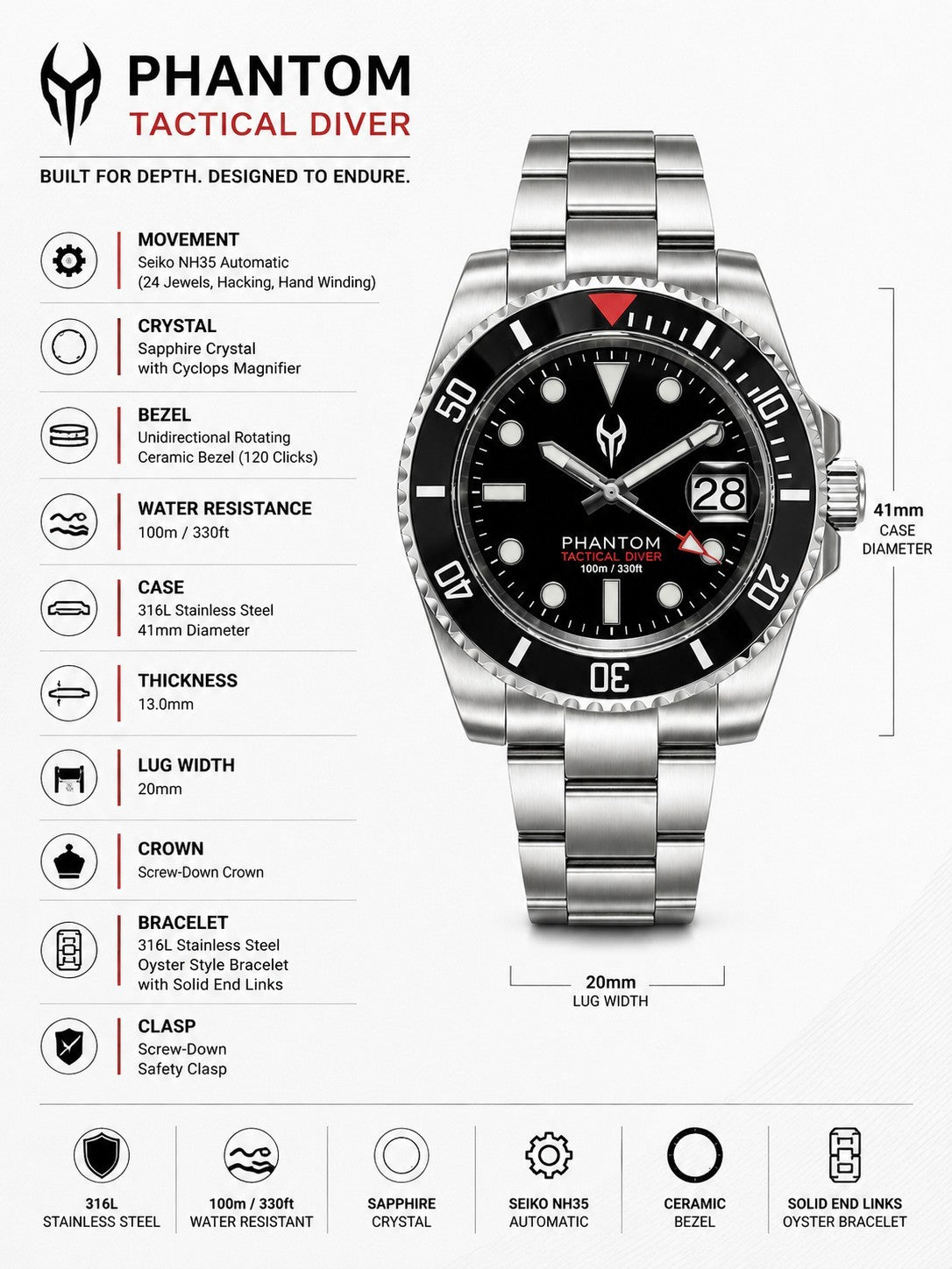 PHANTOM Tactical Diver Automatic Watch NH35 Sapphire Ceramic Black Diver 10ATM3