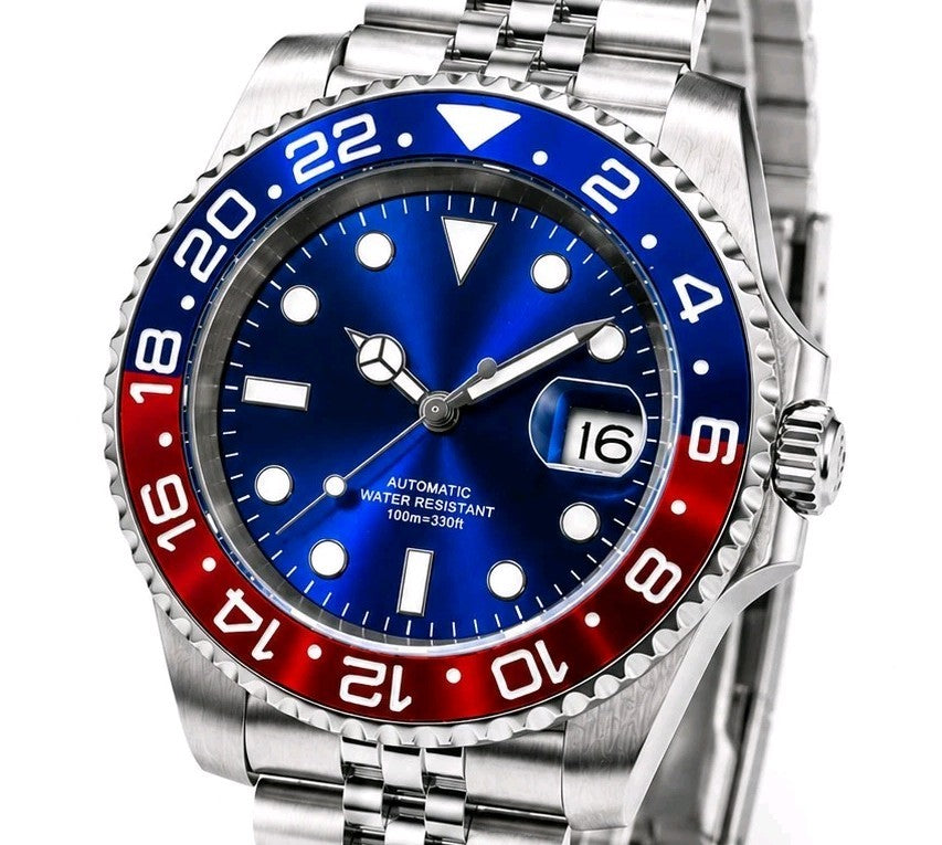 New Automatic Divers Watch Red Blue Bezel Sapphire Ceramic Date Steel UK Seller 1