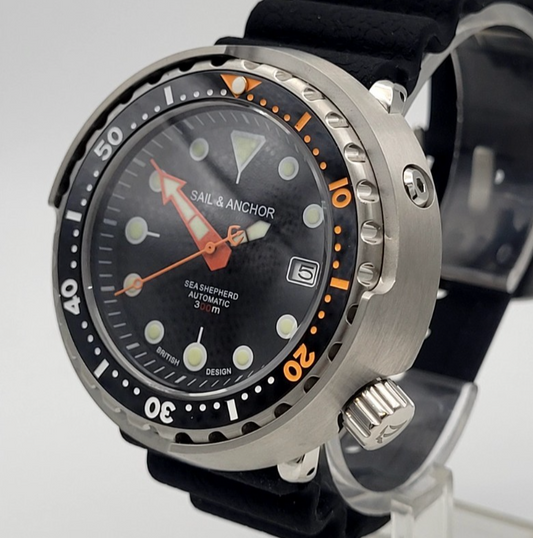 Automatic Dive Watch 300m Black Orange Steel Sapphire Tuna British Micro Brand1