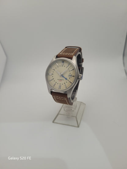 NH34 Automatic GMT Watch Cream Dial Explorer Style Sapphire Leather UK Seller16