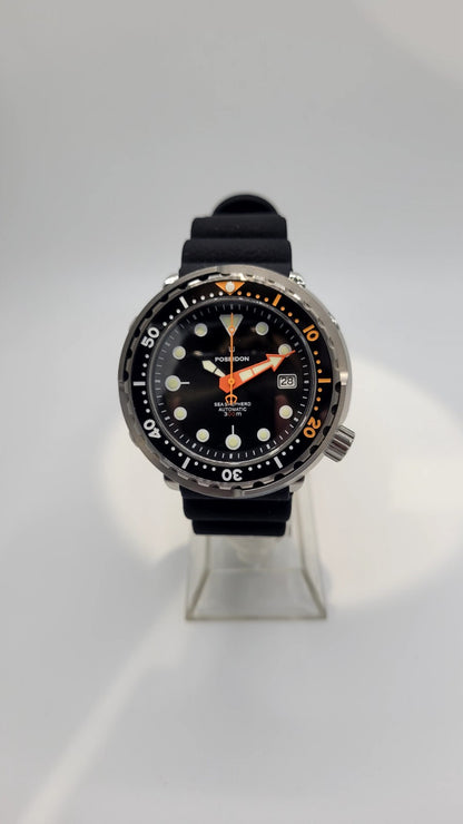 POSEIDON Automatic Dive Watch 300M NH35 Sapphire Steel Black Orange Diver13