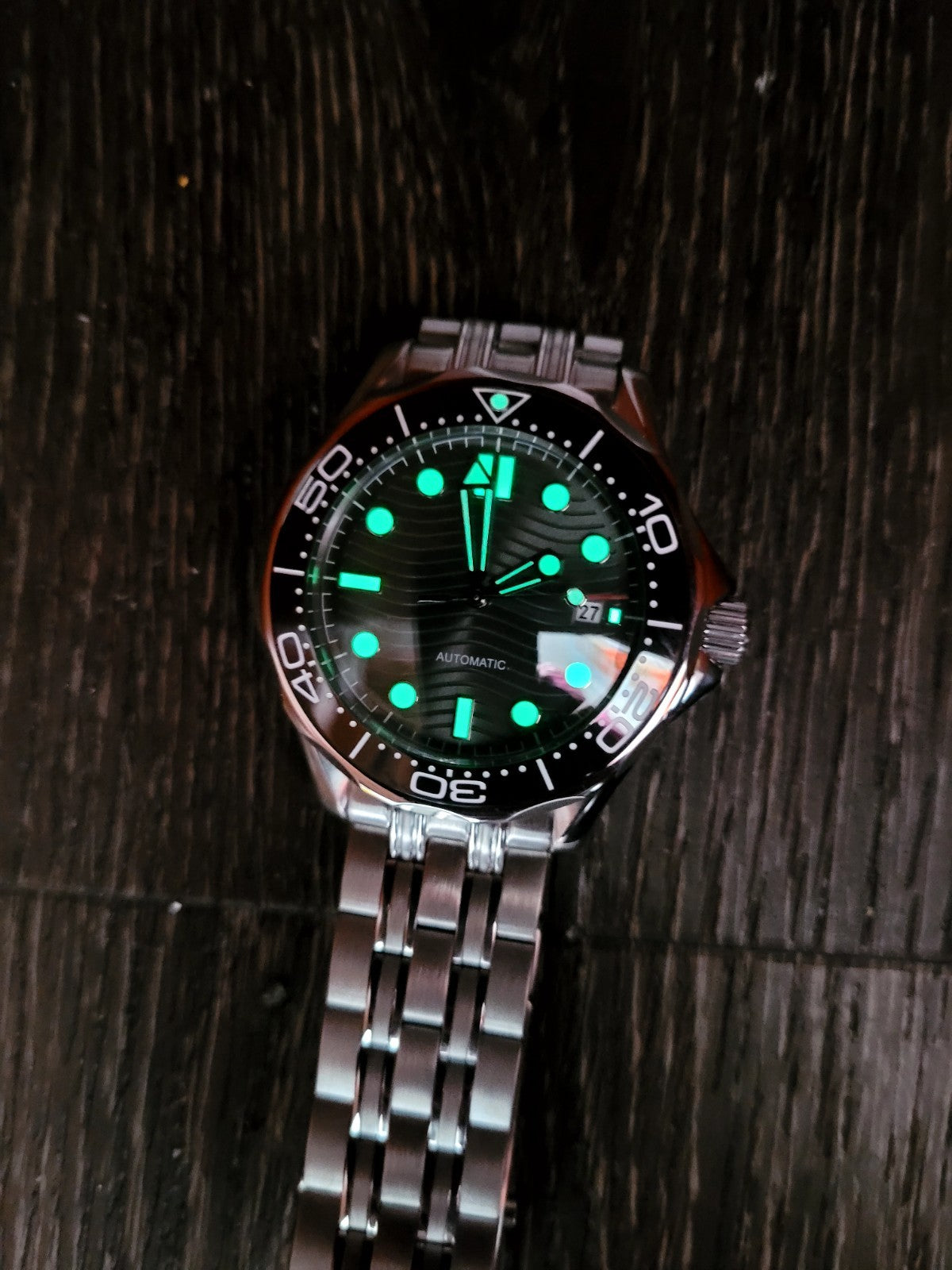 Automatic Diver Watch Wave Dial Sapphire Steel Bracelet 100M Luxury Uk Seller15