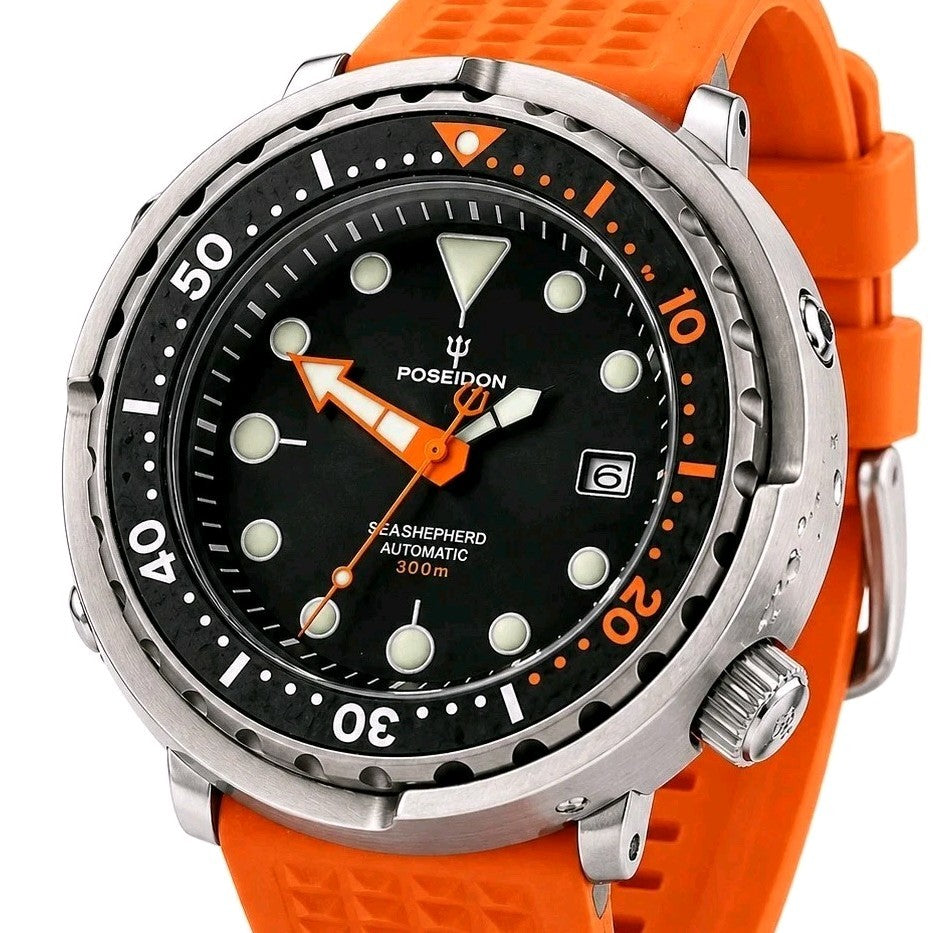 Chunky POSEIDON NH35 Orange Automatic Black Tuna Divers Watch 300M WR SEIKO TMI0