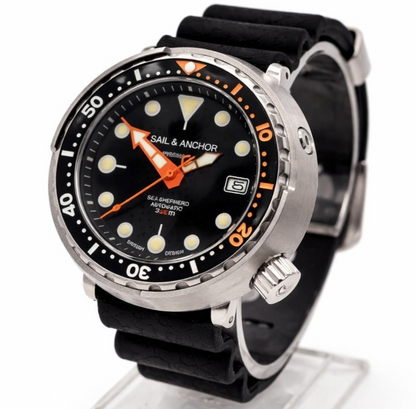 Automatic Dive Watch 300m Black Orange Steel Sapphire Tuna British Micro Brand15