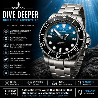 Automatic Diver Watch Blue Gradient Dial NH35 Sapphire 200m Steel Bracelet Date1