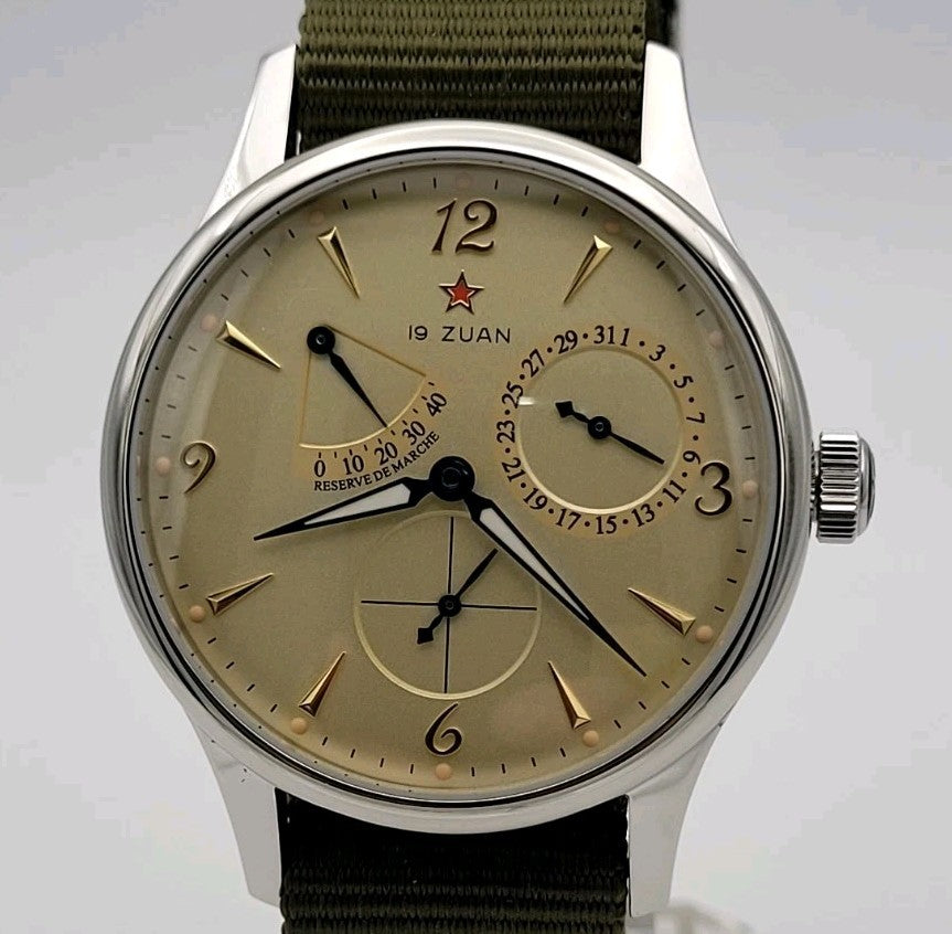 Mens 1963 Automatic Pilot Watch Power Reserve Date Sapphire Military Strap 50m2
