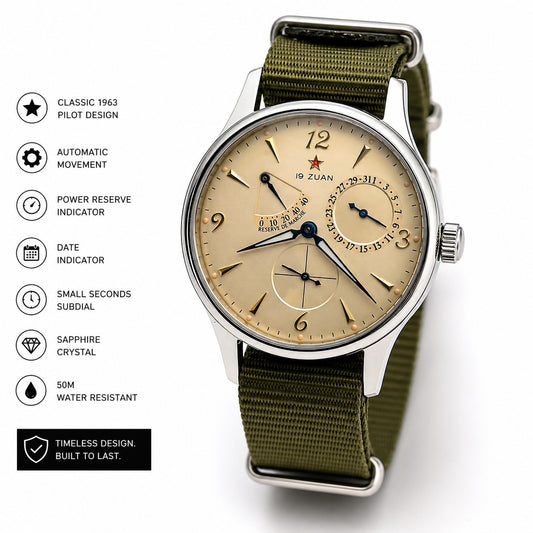 Mens 1963 Automatic Pilot Watch Power Reserve Date Sapphire Military Strap 50m1