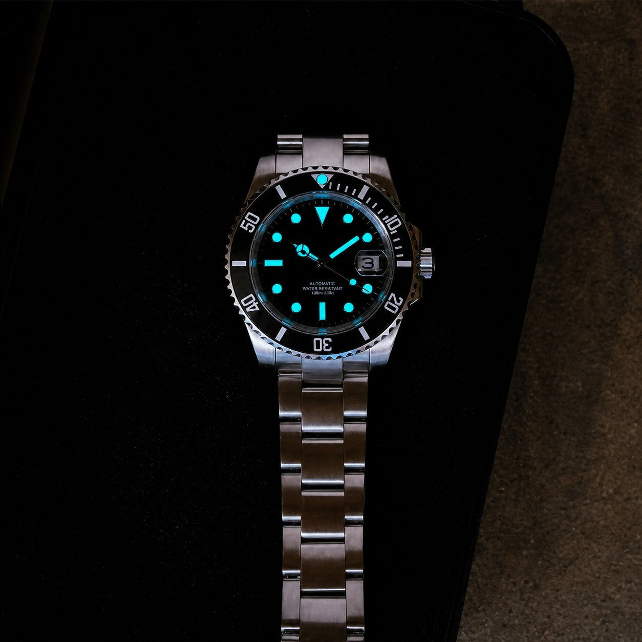 Automatic Mens Watch Black Dial Steel Bracelet Luminous Date 100m Diver4