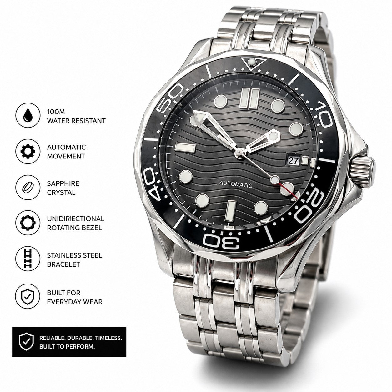 Automatic Diver Watch Wave Dial Sapphire Steel Bracelet 100M Luxury Uk Seller0