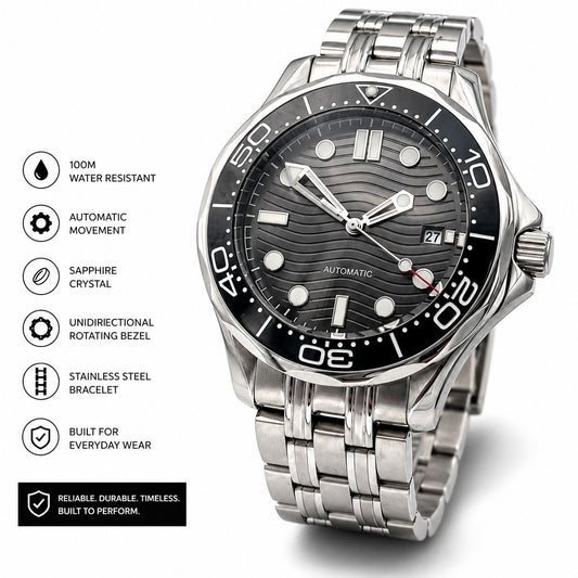 Automatic Diver Watch Wave Dial Sapphire Steel Bracelet 100M Luxury Uk Seller0