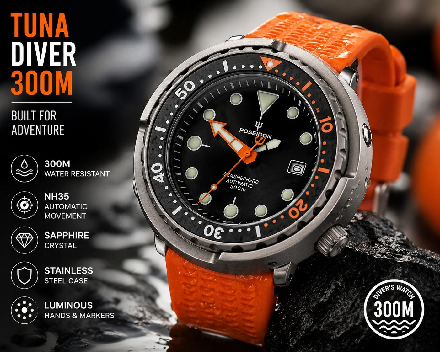 300M Tuna Style Automatic Diver Watch Orange Black NH35  Sapphire Steel POSEIDON1