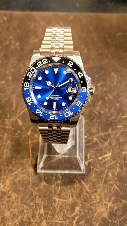 Cobalt Blue Automatic Sunburst Divers Watch Black Blue Sapphire Ceramic Steel UK17
