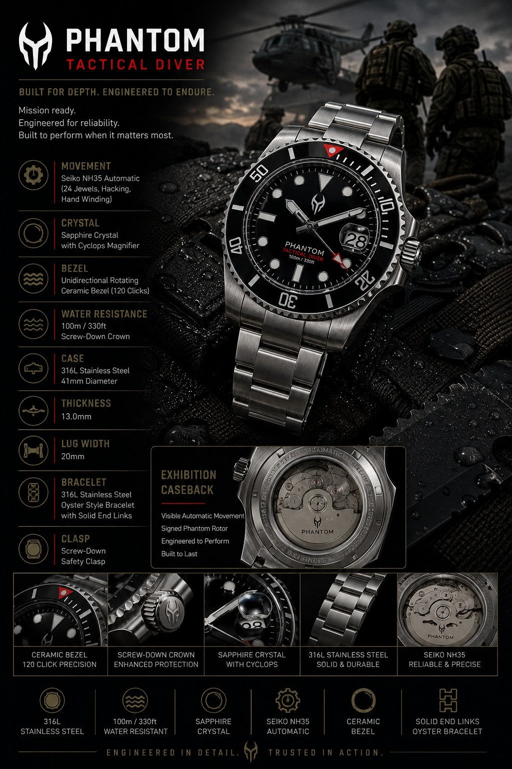PHANTOM Tactical Diver Automatic Watch NH35 Sapphire Ceramic Black Diver 100M3